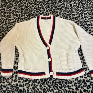Sonoma Cream Cardigan with Red and Blue Accents